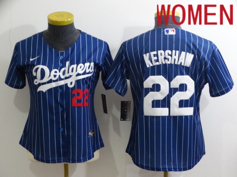 Women Los Angeles Dodgers #22 Kershaw Blue Stripe Throwback Nike 2022 MLB Jerseys->youth mlb jersey->Youth Jersey